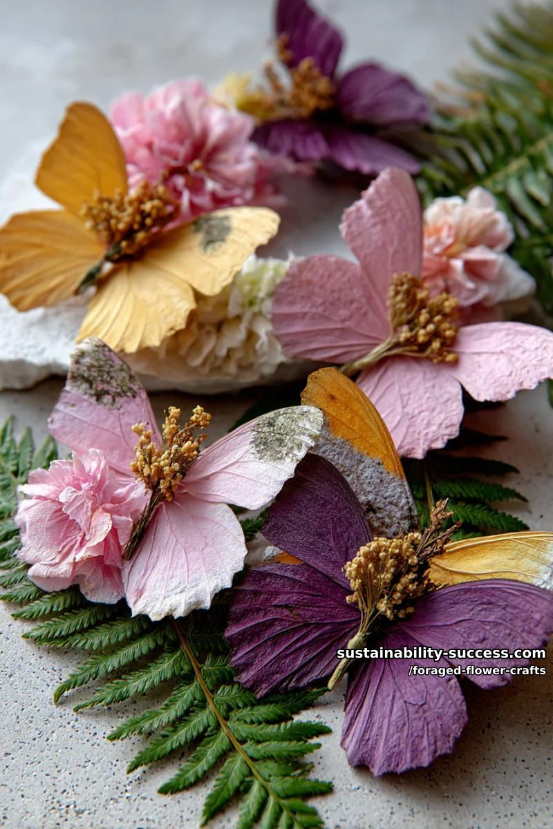 butterfly shapes crafted from layered dried petals and fern fronds 1
