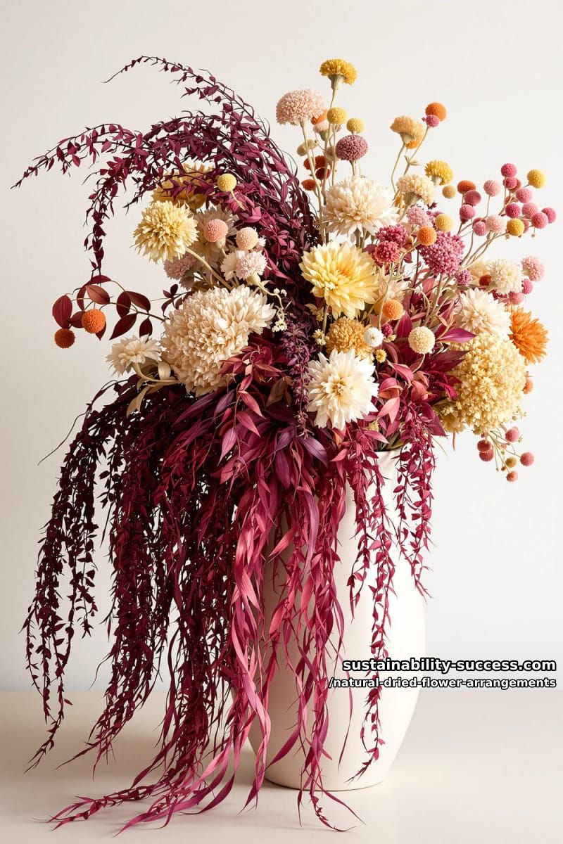 Home Decor 4 cascading dried amaranth and strawflower in an off-white urn 29