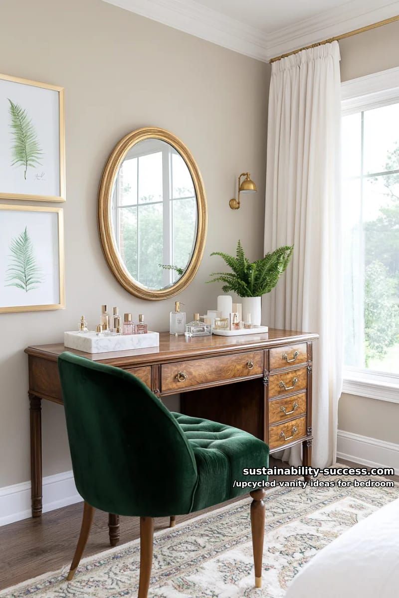 classic vanity using antique secretary desk and velvet tufted chair 1
