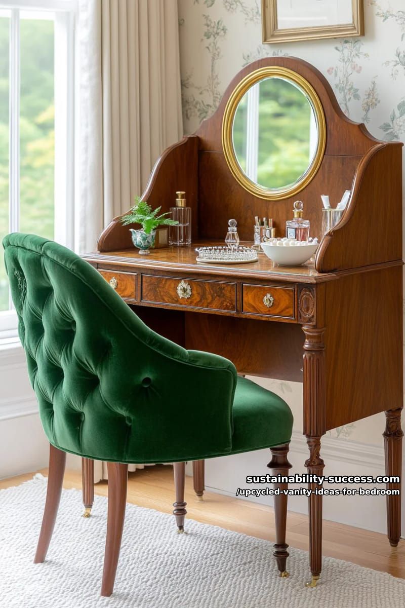 classic vanity using antique secretary desk and velvet tufted chair 1
