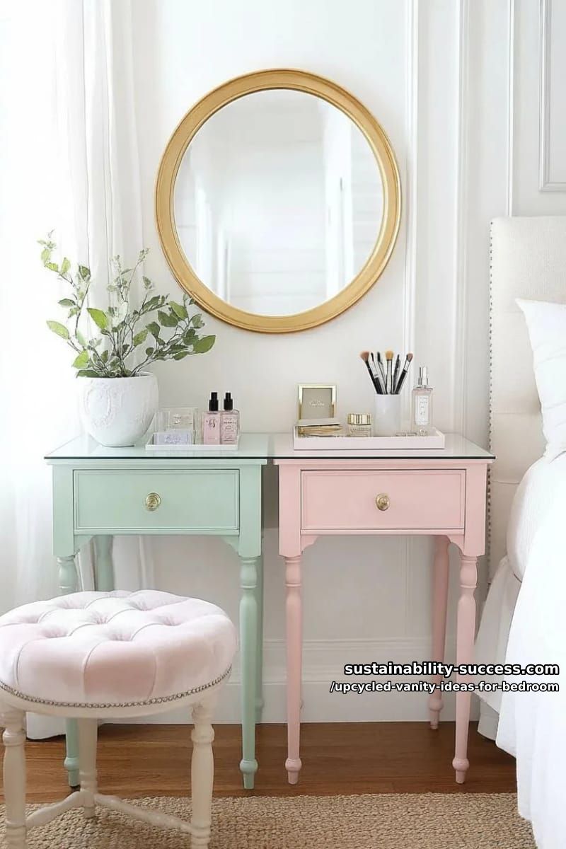 corner vanity from two thrifted bedside tables joined by a glass shelf 1