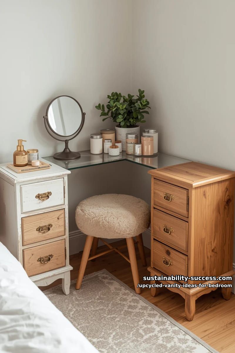 corner vanity from two thrifted bedside tables joined by a glass shelf 1