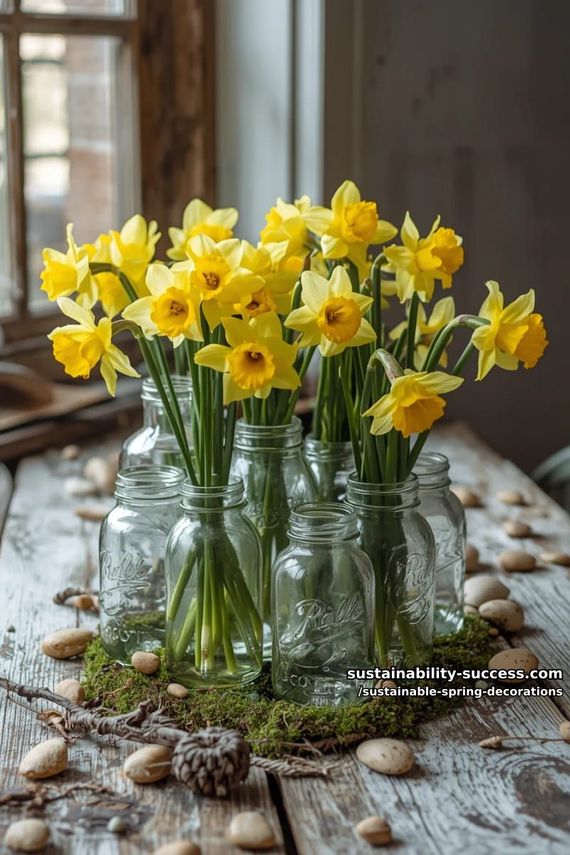 daffodils in vintage glass jars for rustic spring centerpieces 1