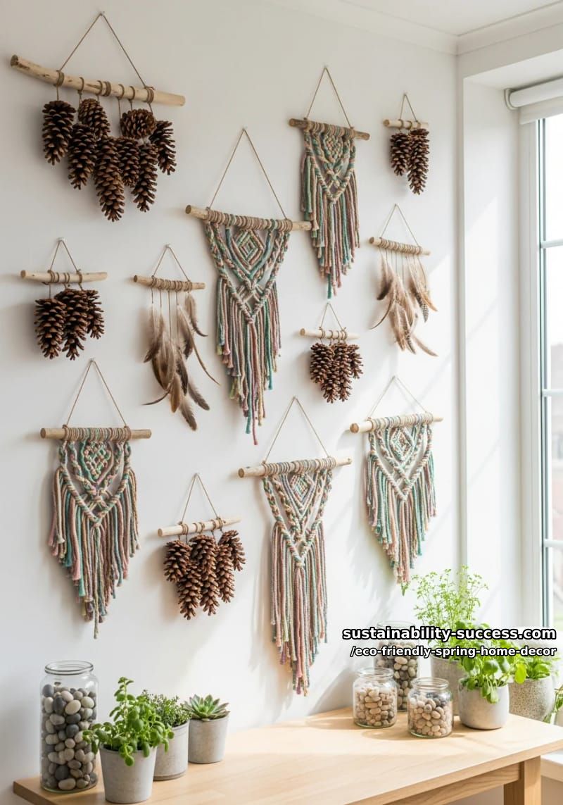 display nature-inspired wall hangings using pine cones, feathers, and recycled yarn 1