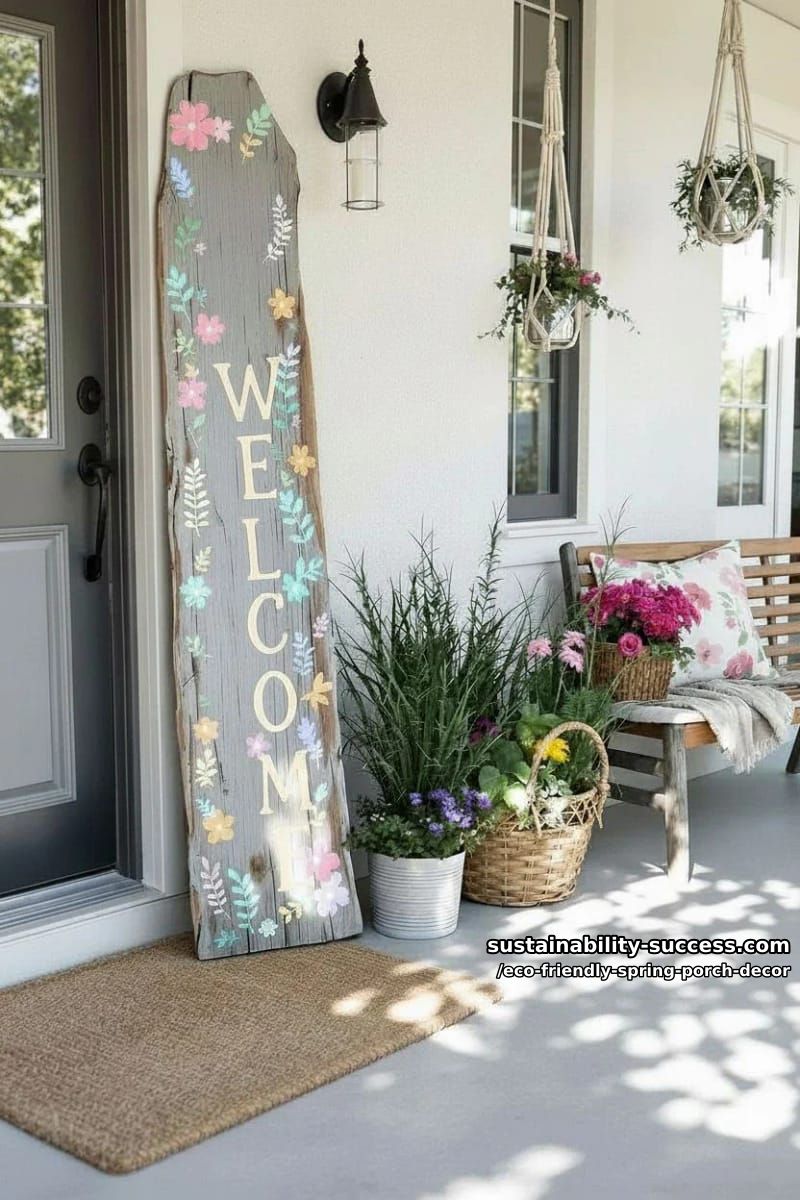 diy welcome sign made from driftwood and hand-painted spring motifs 1