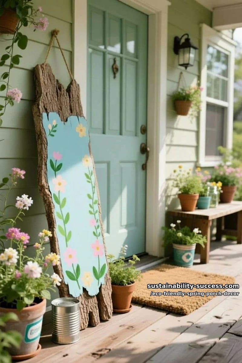 diy welcome sign made from driftwood and hand-painted spring motifs 1