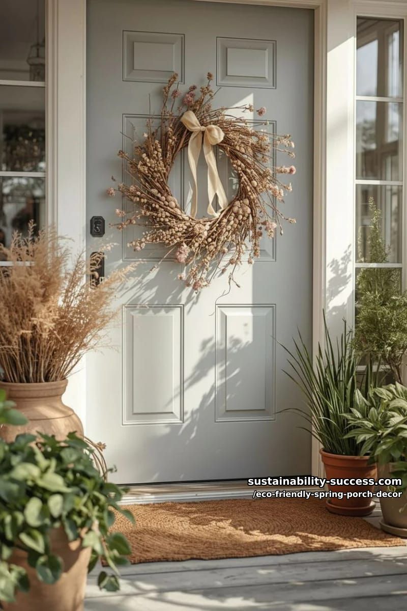 diy wreath with dried flowers, seed pods, and biodegradable ribbon 1