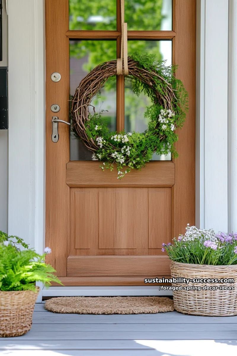 diy wreath with woven willow branches and foraged greenery by the front door 1