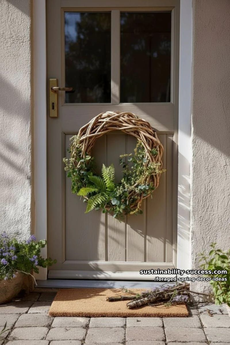 diy wreath with woven willow branches and foraged greenery by the front door 1