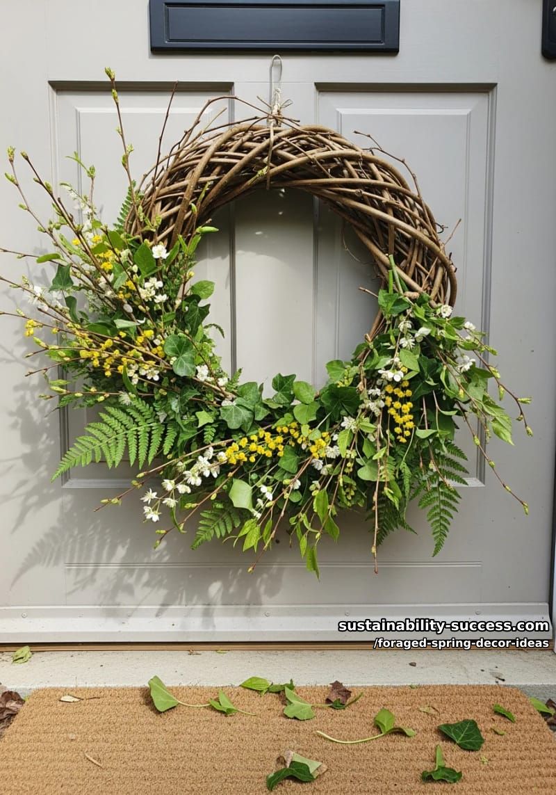 diy wreath with woven willow branches and foraged greenery by the front door 1