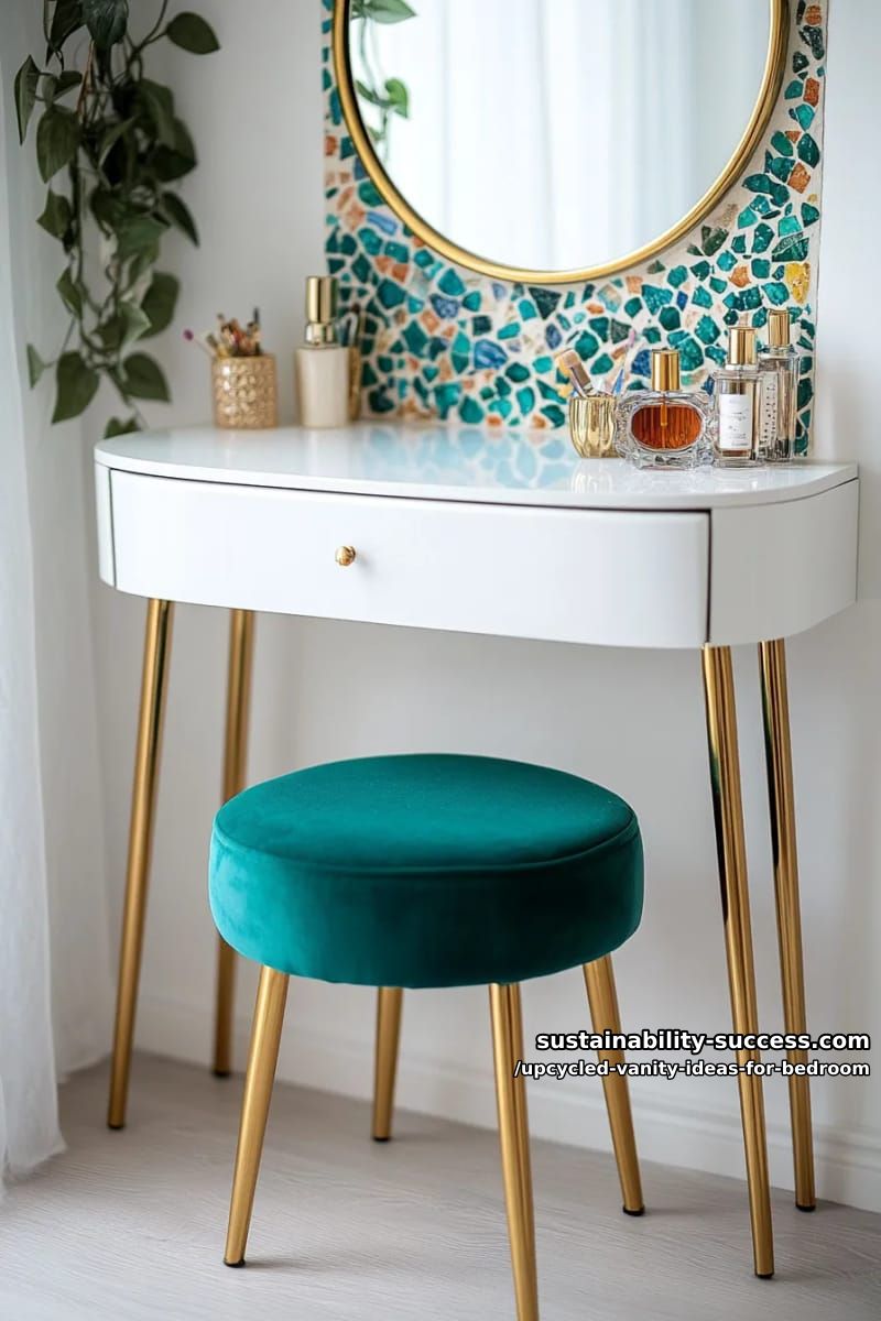 eclectic vanity with mosaic tile backsplash and metallic spray painted legs 1