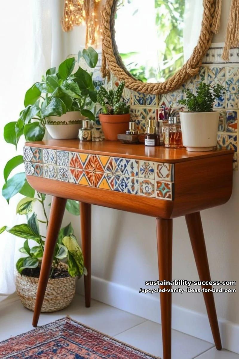 eclectic vanity with mosaic tile backsplash and metallic spray painted legs 1