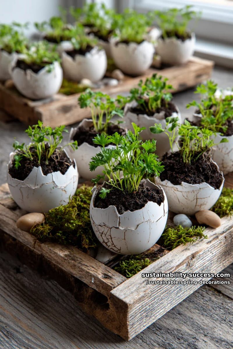 eggshell planters with sprouting herbs arranged on reclaimed wooden trays 1