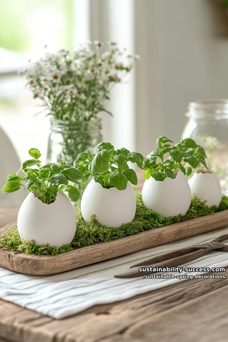 eggshell planters with sprouting herbs arranged on reclaimed wooden trays 1
