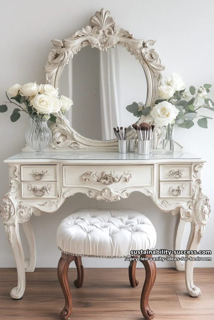 elegant vanity from ornate victorian dresser with fresh white chalk paint 34