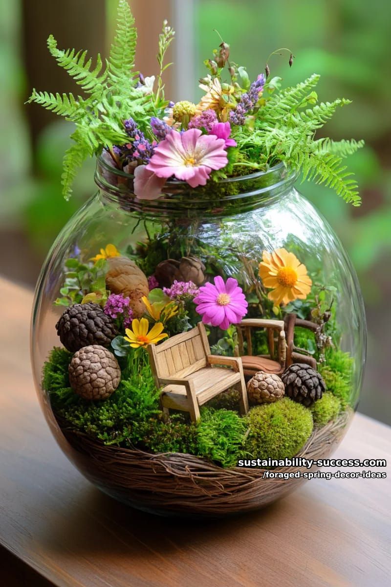 fairy garden terrariums combining pebbles, moss, and delicate foraged blooms 1
