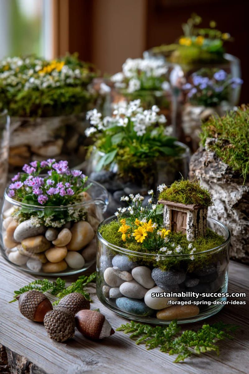 fairy garden terrariums combining pebbles, moss, and delicate foraged blooms 1