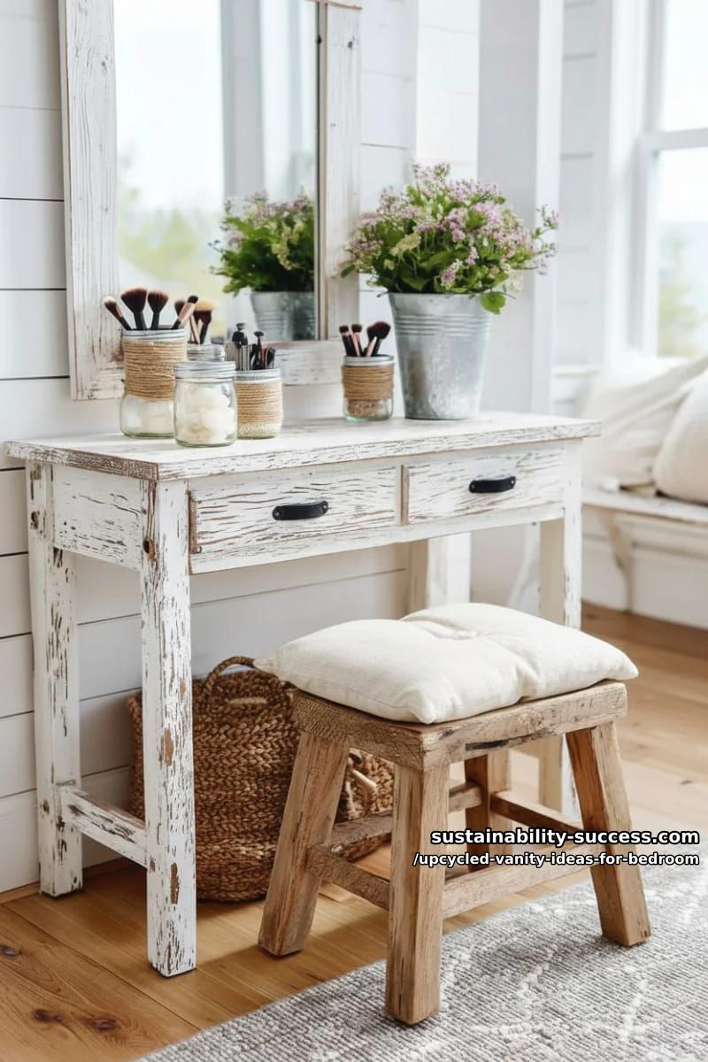 farmhouse vanity using distressed white console and mason jar organizers 1