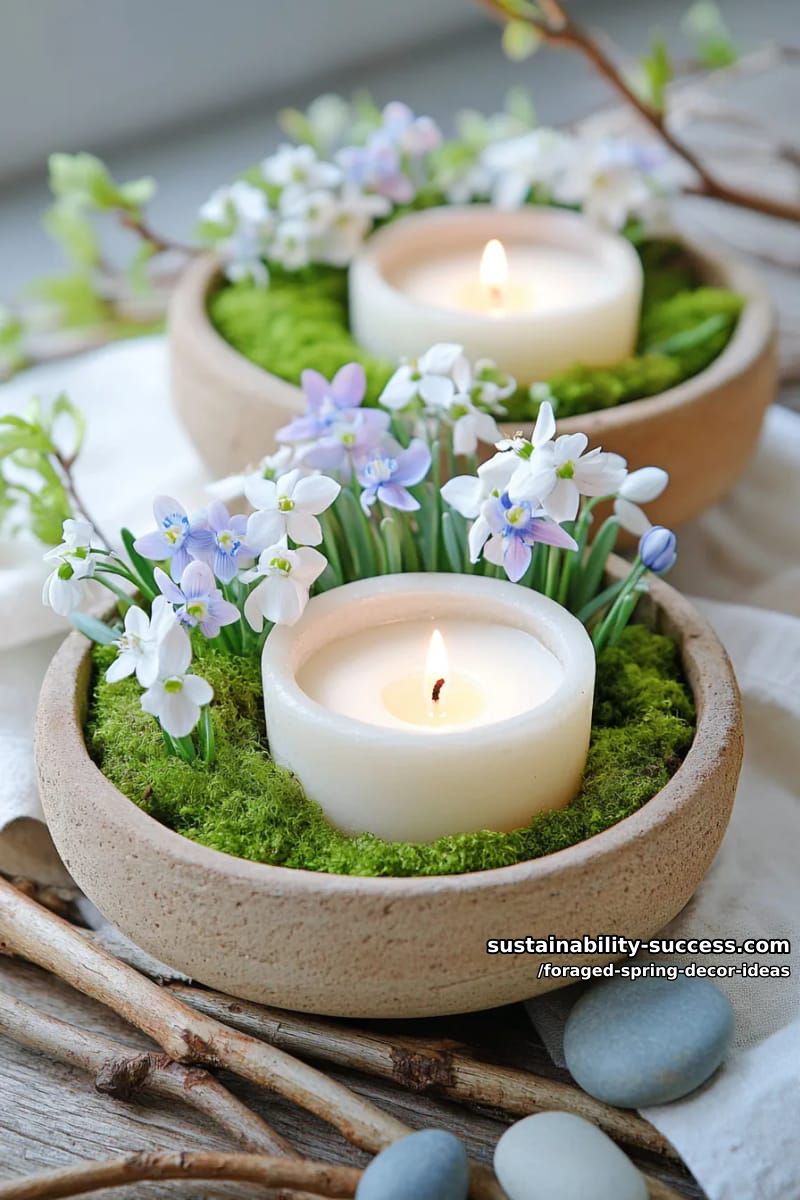 floating candles nestled in bowls of fresh moss and early spring blooms 1