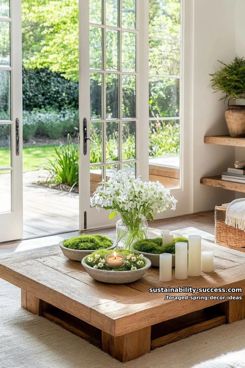 floating candles nestled in bowls of fresh moss and early spring blooms 1