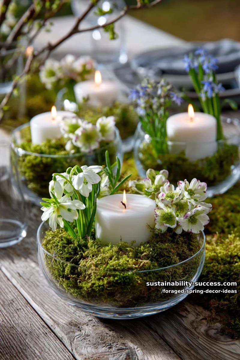 floating candles nestled in bowls of fresh moss and early spring blooms 1