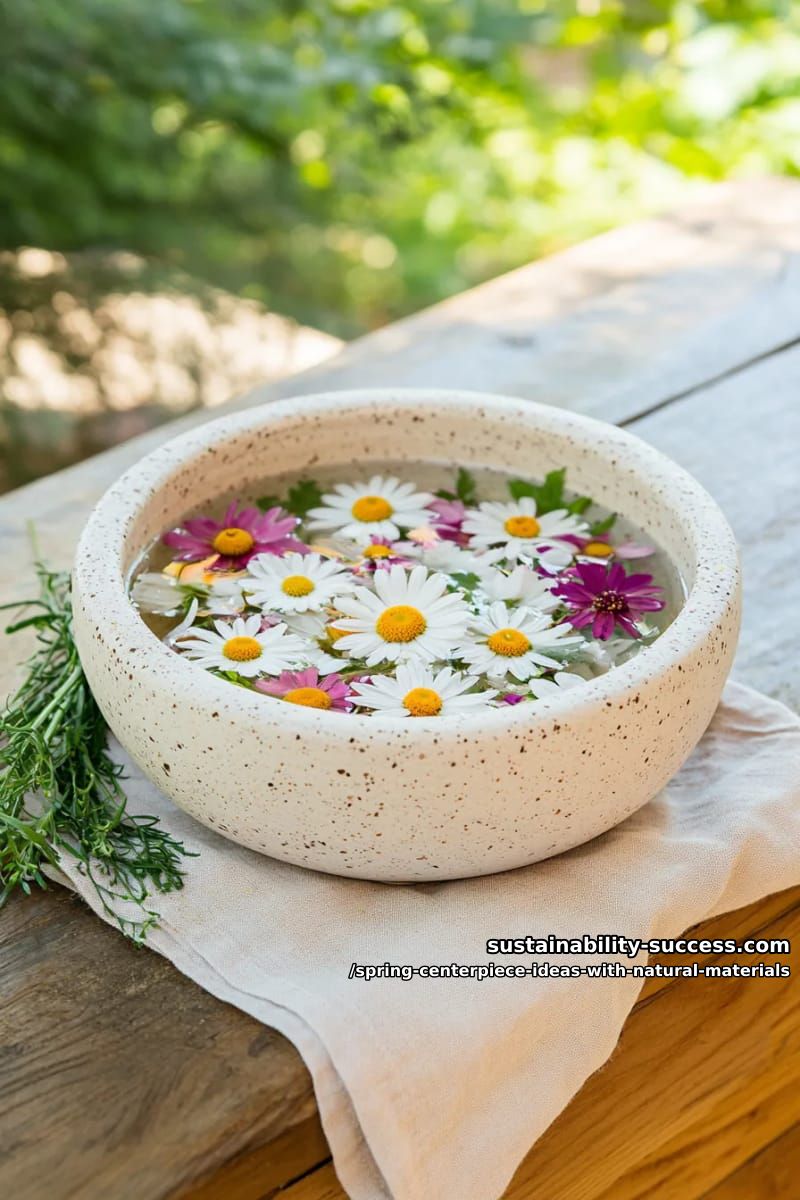 floating daisies and petals in a shallow stoneware bowl 1