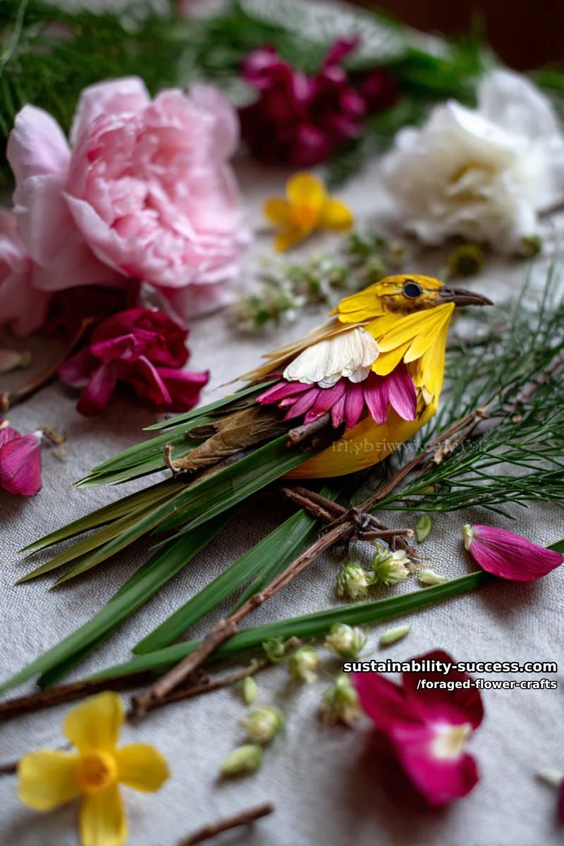folk-inspired bird art using layered petals and grass for feathers 1
