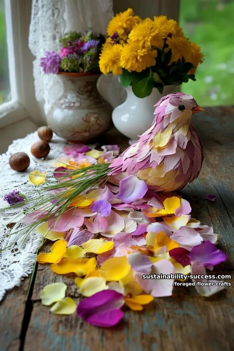 folk-inspired bird art using layered petals and grass for feathers 1