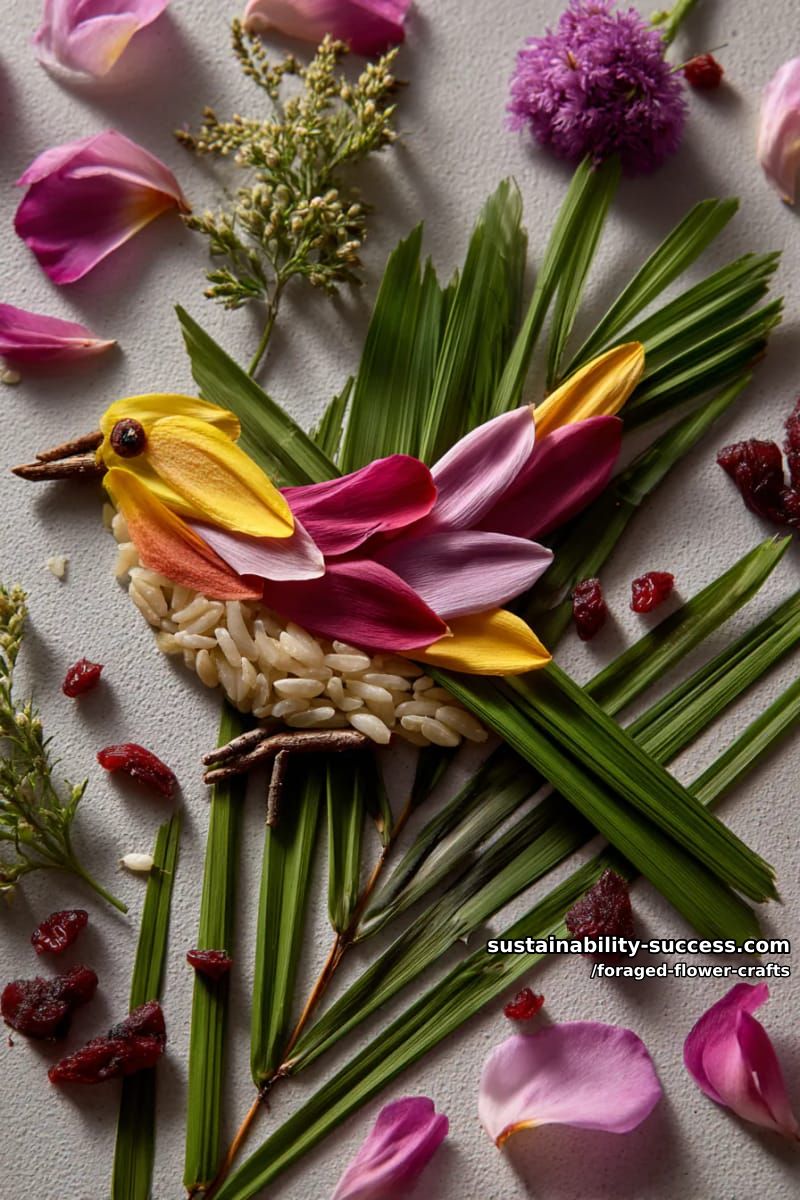 folk-inspired bird art using layered petals and grass for feathers 1