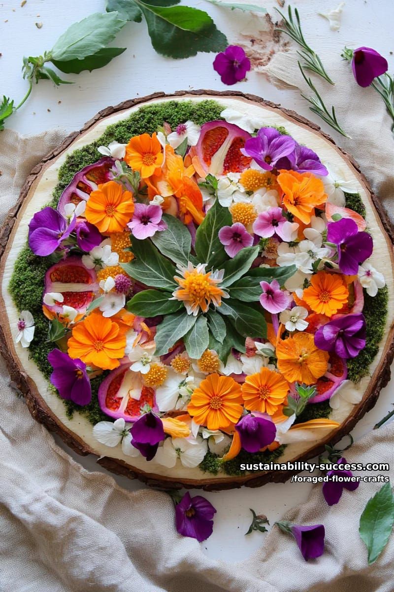 foraged flower mandala on recycled wooden slice with mossy accents 1