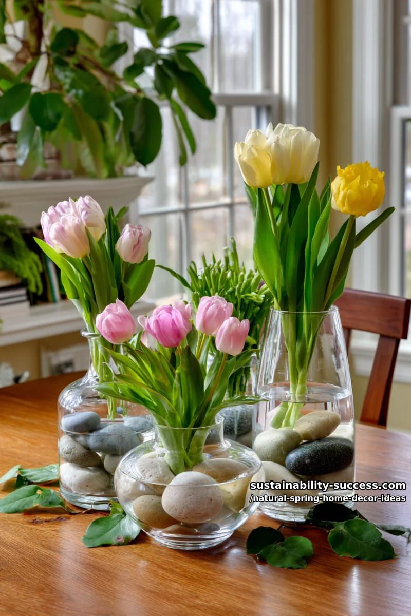 glass vases filled with water, floating tulip blooms, and pebbles 1
