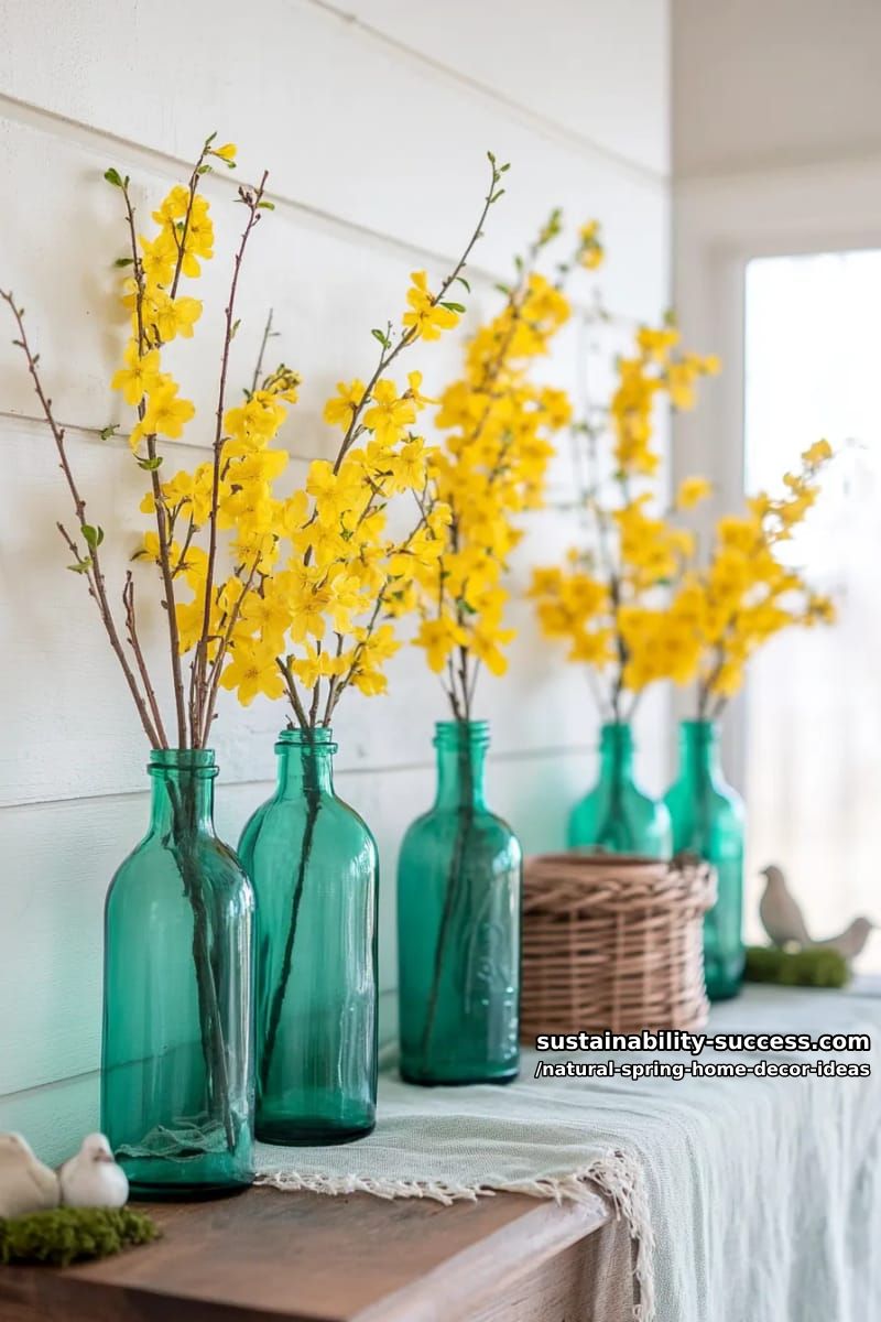 green glass bottles holding forsythia stems on a rustic mantel 1