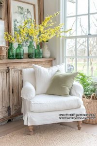 green glass bottles holding forsythia stems on a rustic mantel 61