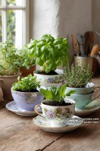 group herbs in vintage teacups for charming and eco-conscious indoor gardens 28