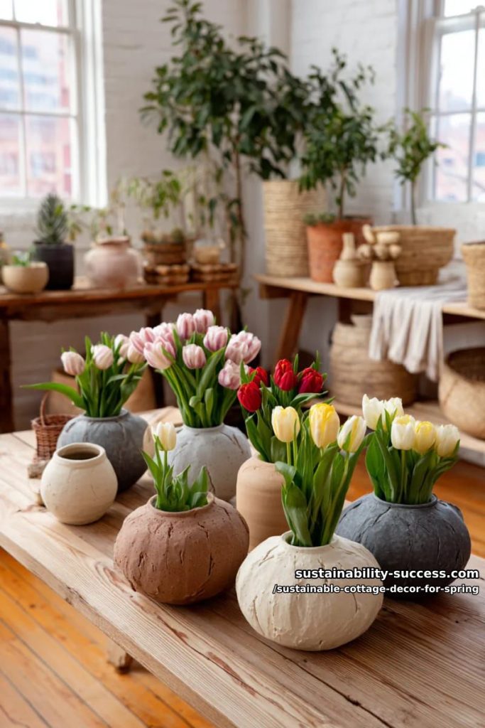 handmade clay vases in organic shapes filled with garden-cut tulips 13