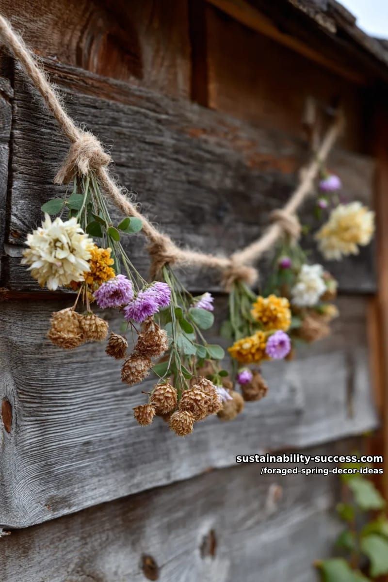 hanging garlands made from dried wildflowers and seed pods on rustic twine 1