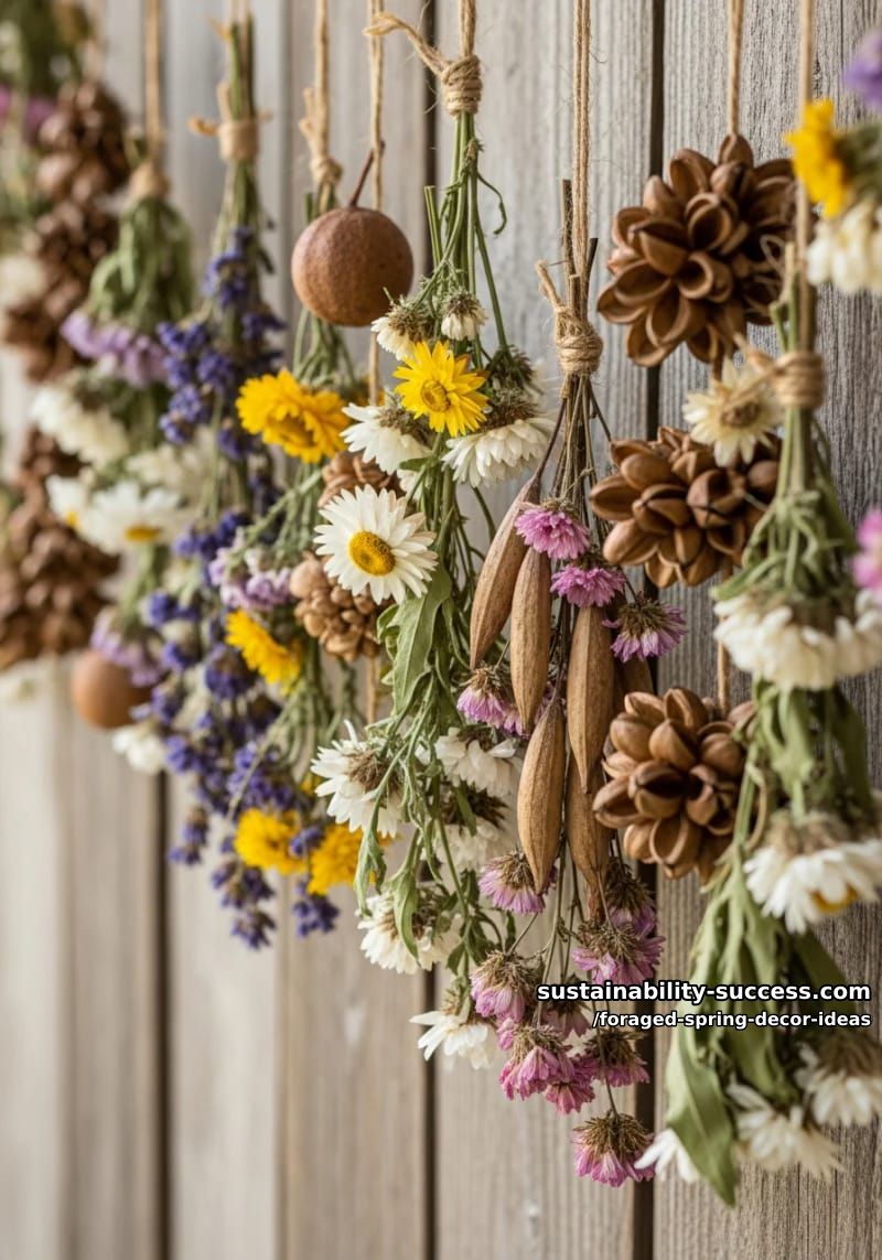 hanging garlands made from dried wildflowers and seed pods on rustic twine 1