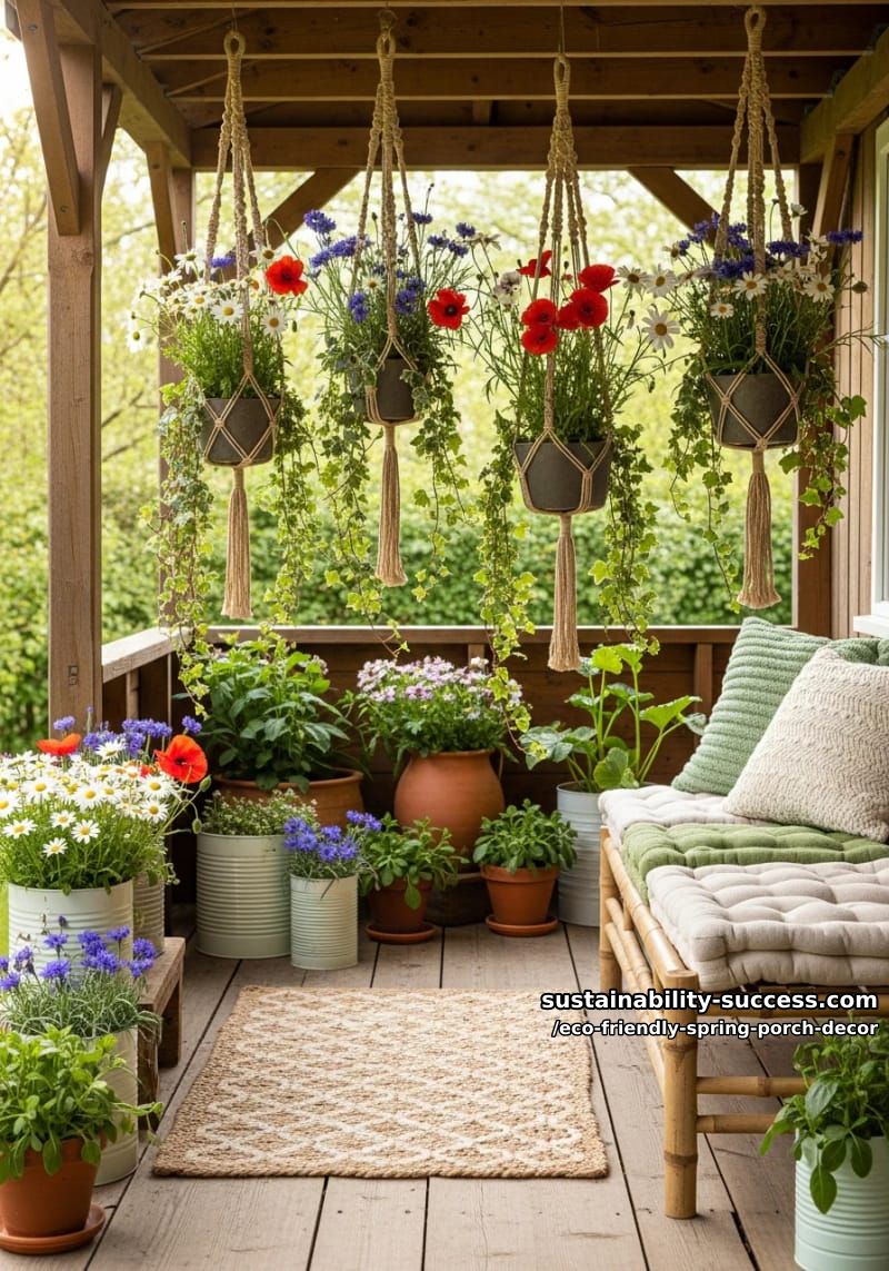 hanging macramé planters filled with wildflowers and trailing ivy 1