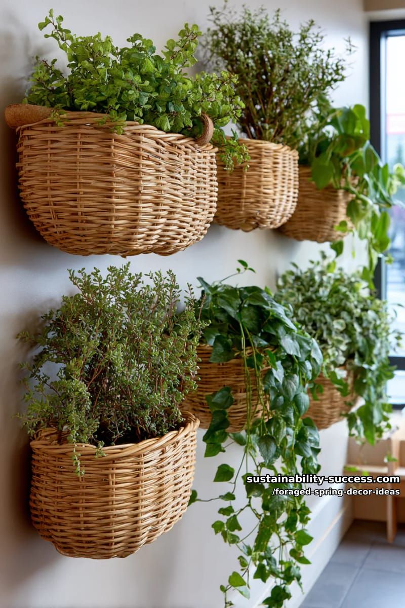 hanging wall baskets brimming with fresh-cut branches and trailing vines 1