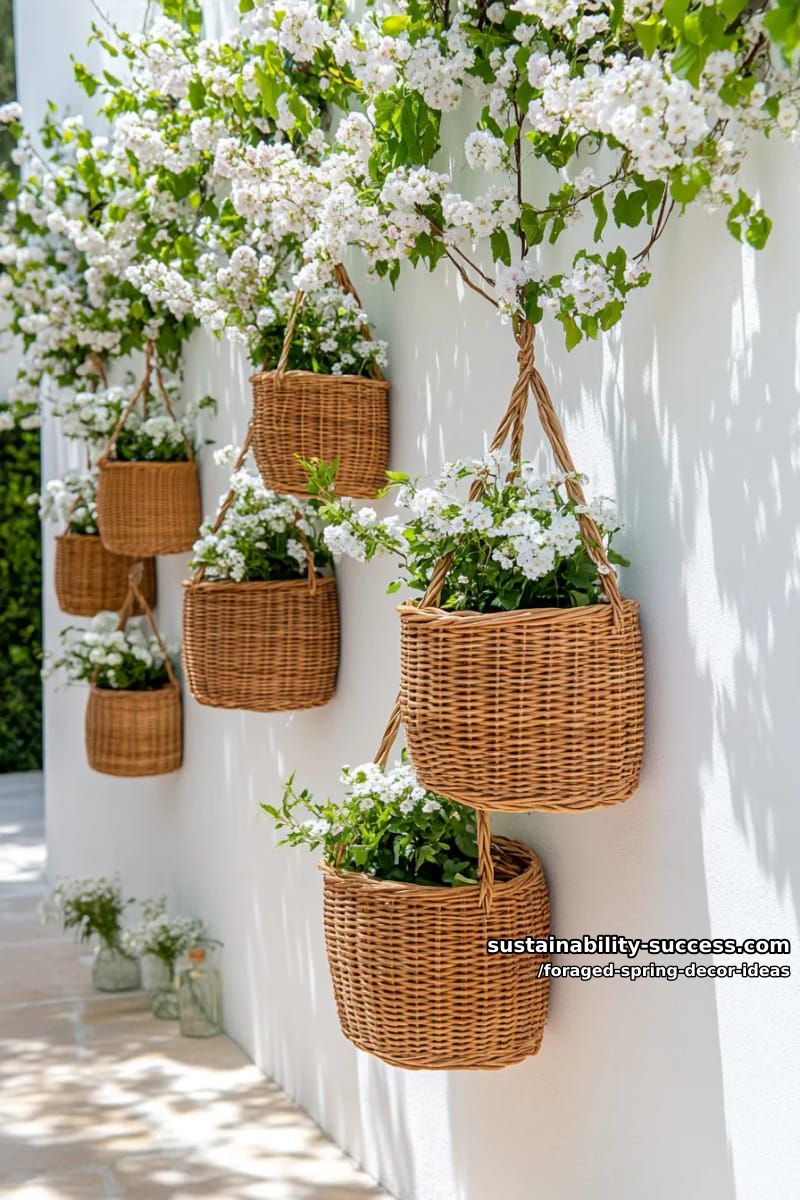 hanging wall baskets brimming with fresh-cut branches and trailing vines 1