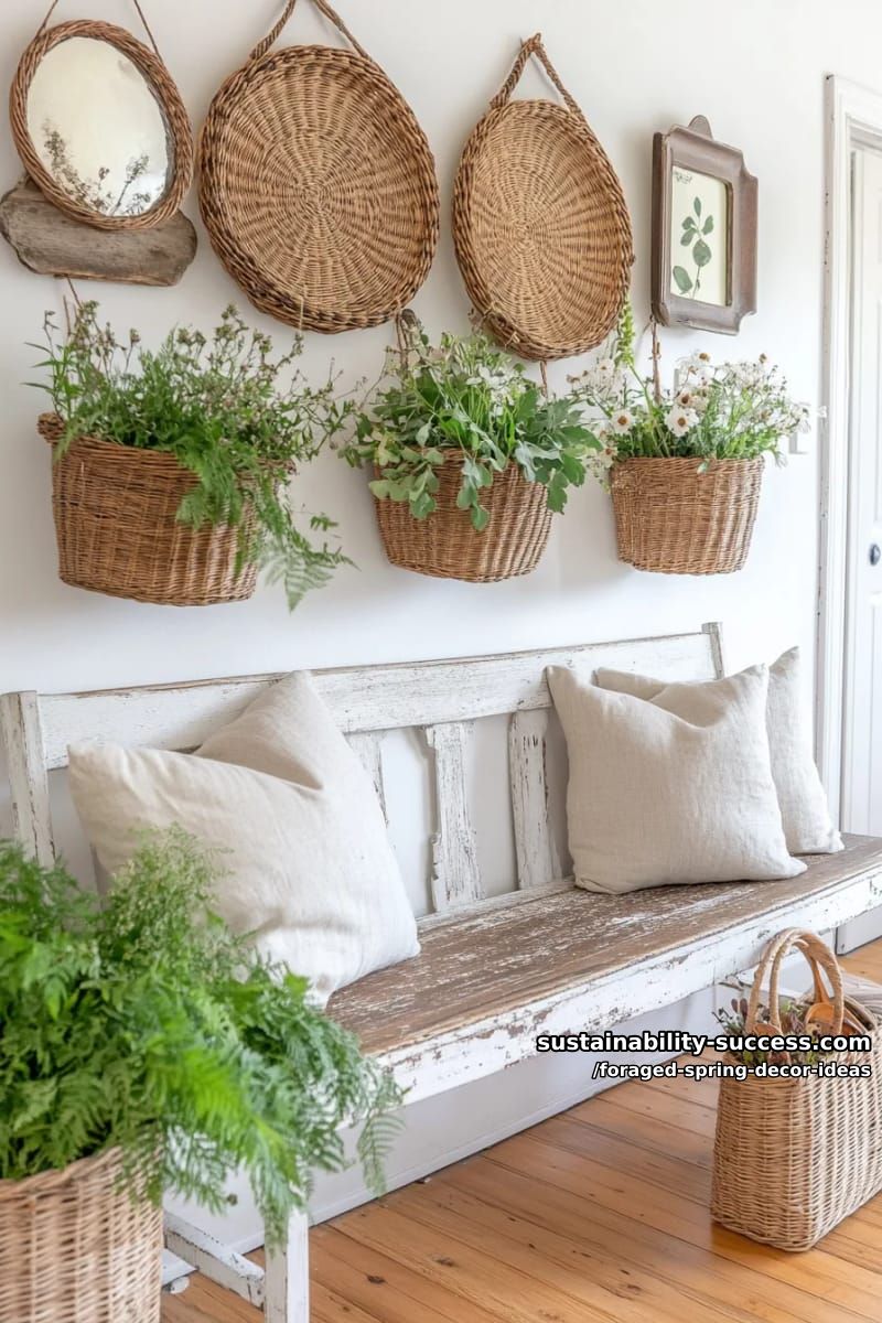 hanging wall baskets brimming with fresh-cut branches and trailing vines 1