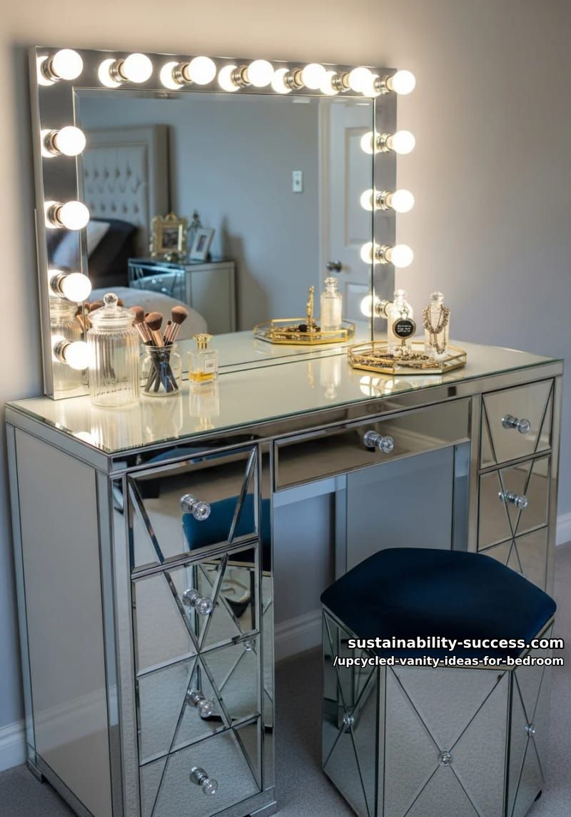 hollywood glam vanity with mirrored panels and retro bulb lighting 1