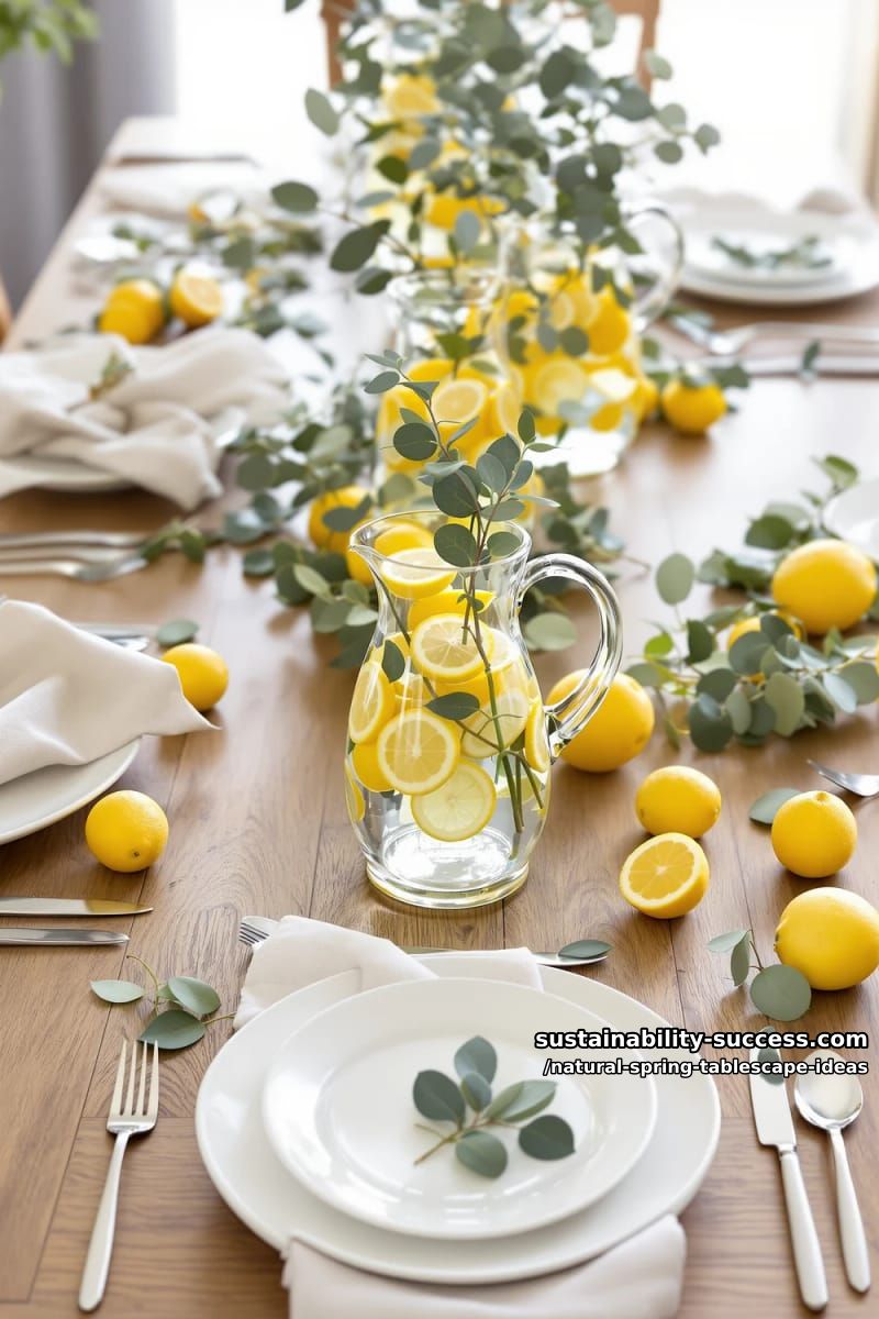 lemon and eucalyptus accents arranged in clear glass pitchers 20