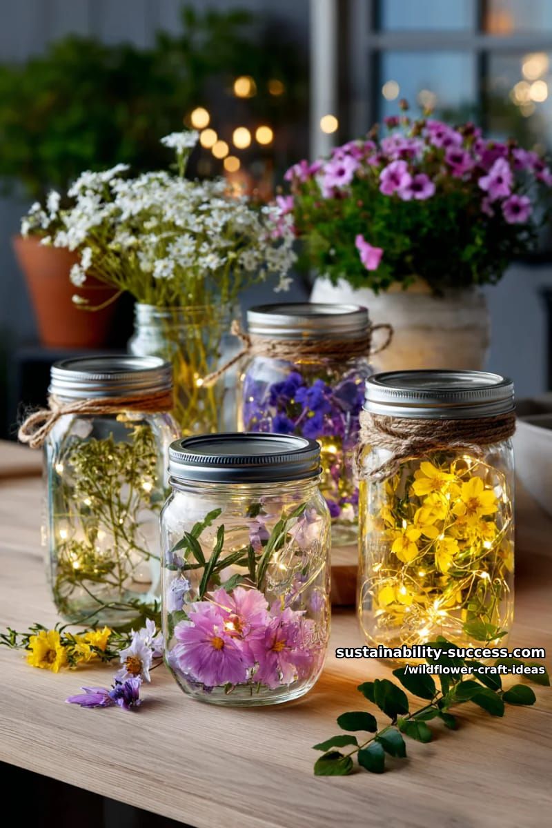 mason jar lanterns glowing with wildflower petals and fairy lights 1
