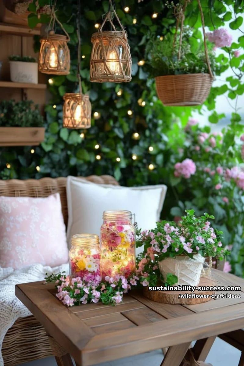 mason jar lanterns glowing with wildflower petals and fairy lights 1
