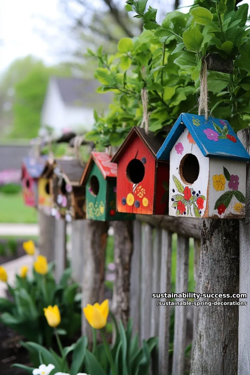 mini birdhouses from scrap wood hung on garden fences 1