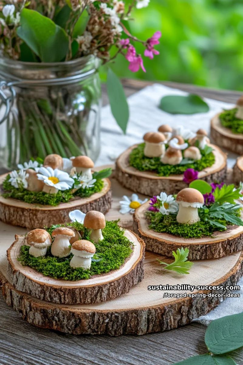 miniature log slices topped with gathered moss and dainty mushrooms 1