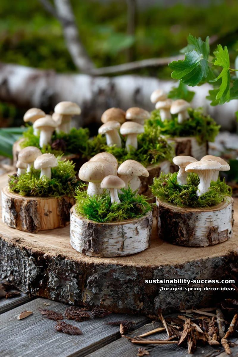 miniature log slices topped with gathered moss and dainty mushrooms 1
