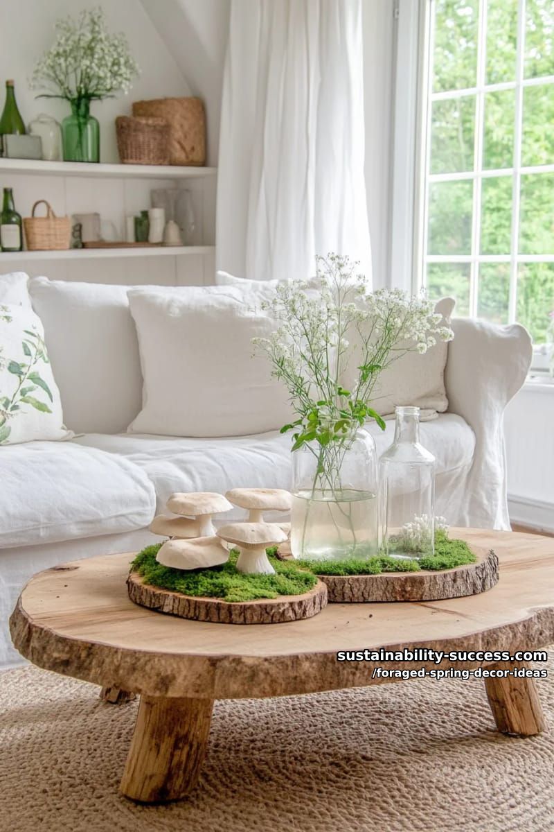 miniature log slices topped with gathered moss and dainty mushrooms 1