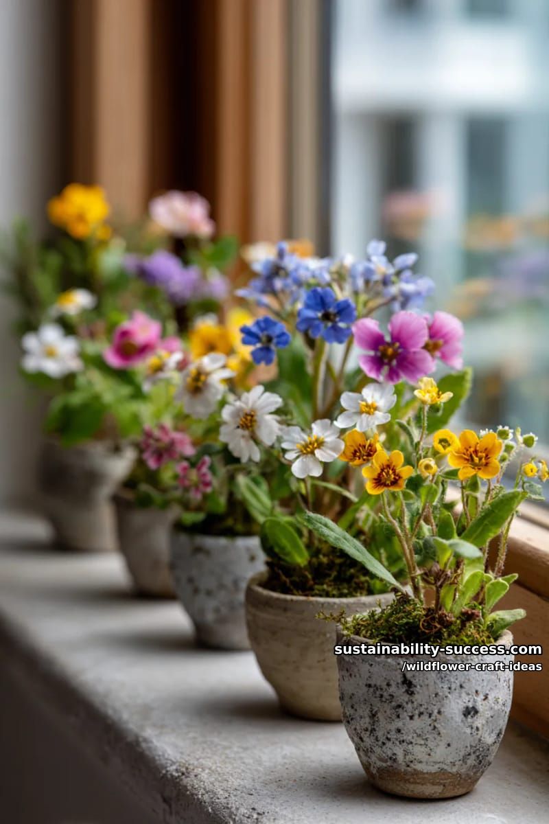miniature wildflower bouquets in tiny clay pots for a windowsill garden 1